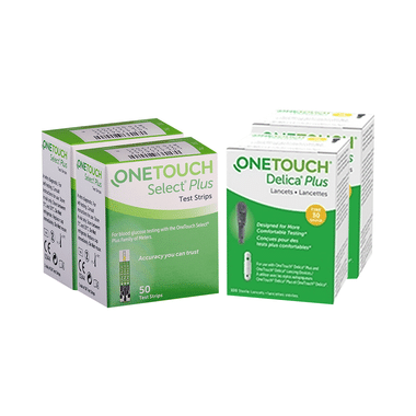 Combo of 2 Pack of OneTouch Select Plus Test Strip (50 Each) & 2 Pack of OneTouch Delica Plus Lancet (25 Each)