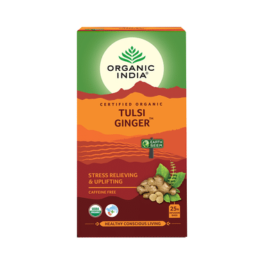 Organic India Tulsi Ginger Green Tea For Stress Relief & Mood Upliftment | Caffeine Free