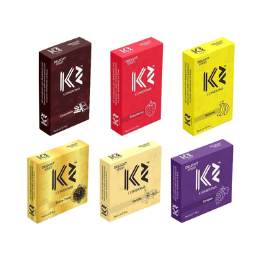 K2 Combo Pack Of Dotted Condom Chocolate,Strawberry,Banana(10Pc Each) Extra Time,Vanilla,Grapes(3pc Each)