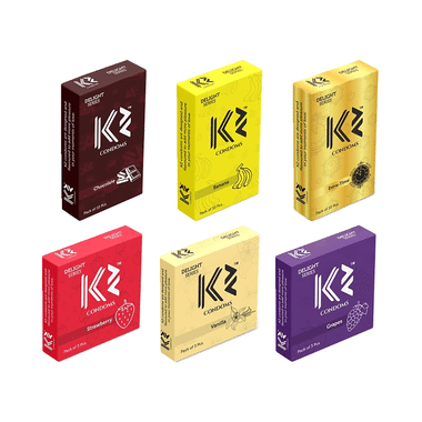 K2 Combo Pack Of Dotted Condom Chocolate,Banana,Extra Time(10Pc Each) Strawberry,Vanilla,Grapes(3pc Each)