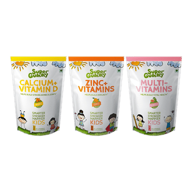 Super Gummy Combo Pack Of Calcium+Vitamin D Gummies Masti Mango, Zinc+Vitamins Gummies OMG Orange & Multi-Vitamins Gummies Glorious Guava (30 Each)