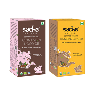 Sache Wellness Combo Pack of Organic Cinnamon Licorice 25 Herbal Infusion Bags & Turmeric Ginger 25 Herbal Infusion Bags