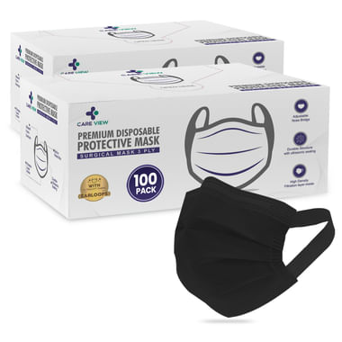 Care View 3 Ply Premium Disposable Protective Surgical Face Mask With Ear Loops Black