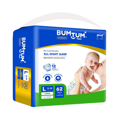 Bumtum Ultrasoft Baby Diaper Pants, Cottony Soft High Absorb Technology (62 Each) Large