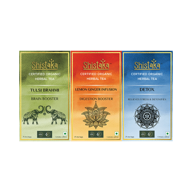 Shistaka Combo Pack Of Certified Organic Herbal Tea (1.8gm Each) Tulsi Brahmi, Lemon Ginger Infusion & Detox