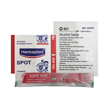 Injection Administration Kit (Dispovan (U-40) Sterile Single use Insulin Syringe 1ml (1) BD Alcohol Swab (1) & Hansaplast Spot Bandaid (1)