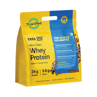 Ultra Clean Whey Protein Powder | 24g Protein, 5.6g BCAAs per Serve | 1kg Pack | by Tata 1mg | Hazelnut Chocolate