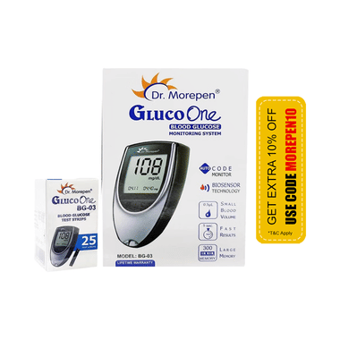 Dr Morepen BG 03 Gluco One Glucose Monitoring System Glucometer With Gluco One BG 03 Blood Glucose 25 Test Strip | Diabetes Monitoring Devices | Blood Glucose Monitors
