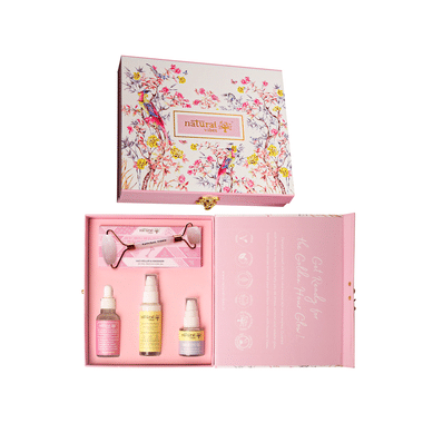 Natural Vibes Glow Getter Gift Set with Rose Quartz Face Roller, Sunscreen Lotion, Glow 'd Up Serum and Under Eye Gel Serum