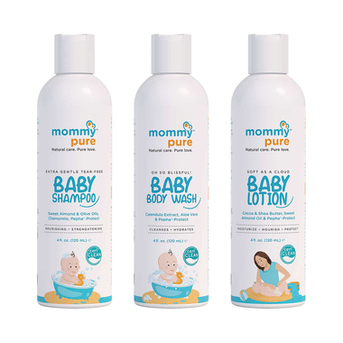 Mommypure Combo Pack Of Soft As A Cloud Baby Lotion, Extra Gentle Tear-Free Shampoo And Oh So Blissful! Baby Body Wash (120ml Each)