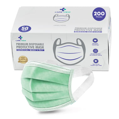 Care View 3 Ply Premium Disposable Protective Surgical Face Mask With Ear Loops Green