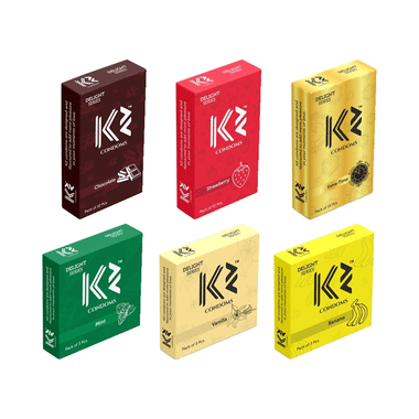 K2 Combo Pack Of Dotted Condom Chocolate,Strawberry,Extra Time(10Pc Each) Mint,Vanilla,Banana(3pc Each)