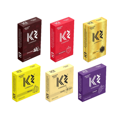 K2 Combo Pack Of Dotted Condom Chocolate,Strawberry,Extra Time(10Pc Each) Banana,Vanilla,Grapes(3pc Each)