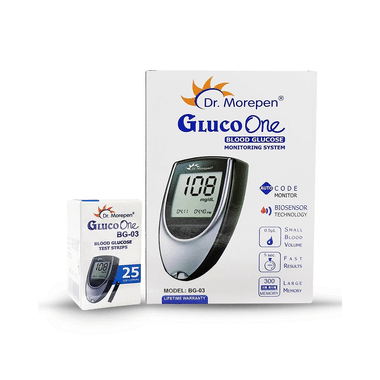 Dr Morepen BG 03 Gluco One Glucose Monitoring System Glucometer With Gluco One BG 03 Blood Glucose 25 Test Strip