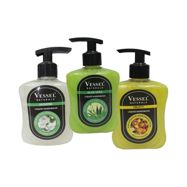 Vessel Combo Pack Naturals Liquid Handwash Jasmine, Aloe Vera And Fruity (250ml Each)