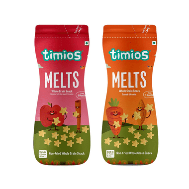 Timios Combo Pack Of MELTS 9+ Months Apple & Cinnamon 100gm And Carrot & Cumin 100gm Non Fried Whole Grain Snacks