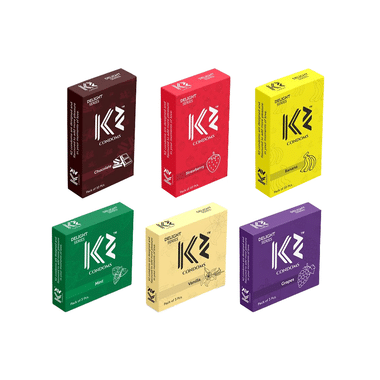 K2 Combo Pack Of Dotted Condom Chocolate,Strawberry,Banana(10Pc Each) Mint,Vanilla,Grapes(3pc Each)