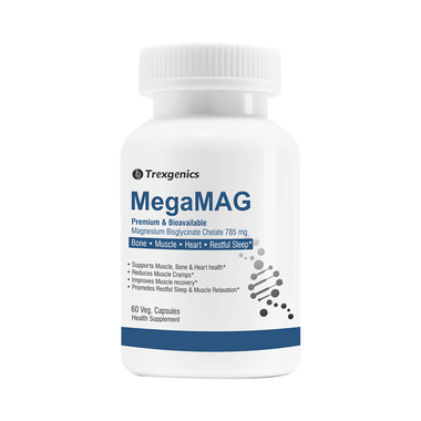 Trexgenics MegaMag with Magnesium Bis-Glycinate | Veg Capsule for Bones, Muscles, Heart & Restful Sleep