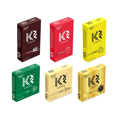 K2 Combo Pack Of Dotted Condom Chocolate,Strawberry,Banana(10Pc Each) Mint,Vanilla,Extra Time(3pc Each)