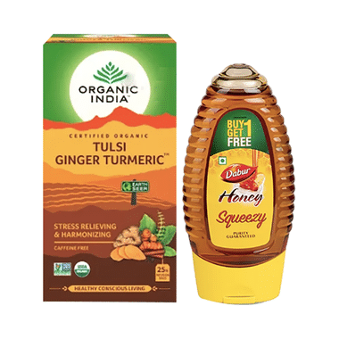 Anti-oxidants Combo Of Organic India Tulsi Ginger Turmeric 25 Tea Bag And Dabur Honey Squeezy 225gm (Buy 1 Get 1 Free)