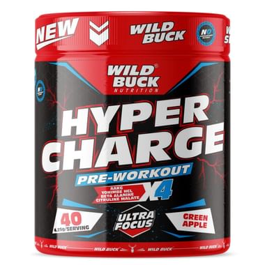 Wild Buck Hyper Charge Pre-Workout X4 with Creatine Monohydrate & Arginine for Energy, Muscle Endurance & Focus | Flavour Green Apple