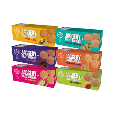 Early Foods Combo Pack Of Jaggery Millet Cookies Dry Fruits & Seeds, Jaggery Millet Cookies Foxtail Millet & Almond, Jaggery Millet Cookies Ragi & Chocolate, Jaggery Millet Cookies Jowar Millet & Almond, Jaggery Millet Cookies Multigrain Millet And Jaggery Millet Cookies Ragi & Amaranth (150gm Each)