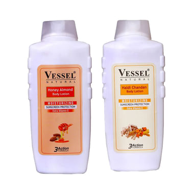 Vessel Combo Pack Of Natural Moisturizing Body Lotion With Sunscreen Protection Haldi Chandan And Honey (650ml Each)