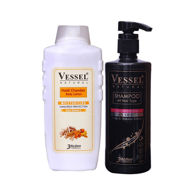 Vessel Combo Pack Of Haldi Chandan Moisturizing Body Lotion 650ml And 3 Action Formula Shampoo With Conditioner 500ml