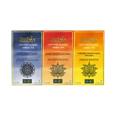 Shistaka Combo Pack Of Certified Organic Herbal Tea (1.8gm Each) Good Night Sleep,Lemon Ginger Infusion & Turmeric Ginger & Basil Infusion