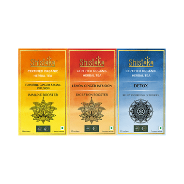 Shistaka Combo Pack Of Certified Organic Herbal Tea (1.8gm Each) Turmeric Ginger & Basil Infusion,Lemon Ginger Infusion & Detox