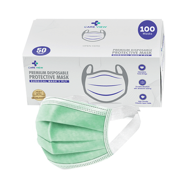 Care View 3 Ply Premium Disposable Protective Surgical Face Mask With Ear Loops Green