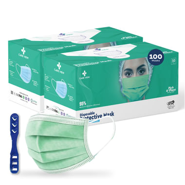 Care View 3 Ply Disposable Surgical Mask with Built In Metal Nose Pin and 1 Melt Blown Layer (50 Each) Green