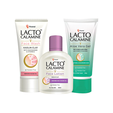 Combo Pack of Piramal Lacto Calamine Face Wash 100ml, Lacto Calamine Face Lotion for Oily Skin 120ml & Lacto Calamine Aloe Vera Gel 150gm