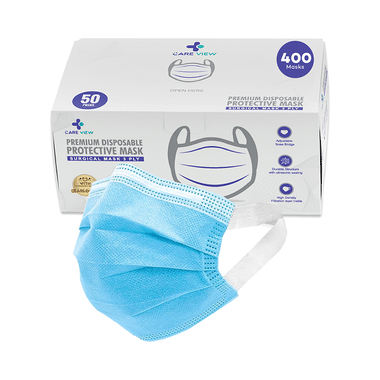 Care View 3 Ply Premium Disposable Protective Surgical Face Mask With Ear Loops Blue