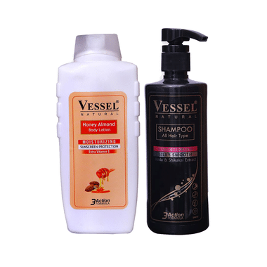 Vessel Combo Pack Of Honey Almond Moisturizing Body Lotion 650ml And 3 Action Formula Shampoo With Conditioner 500ml