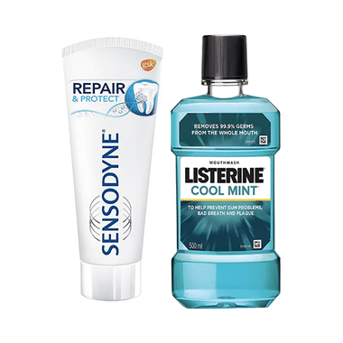 Oral Care Combo of Listerine Mouth Wash Cool Mint 500ml and Sensodyne Repair & Protect Toothpaste 100gm