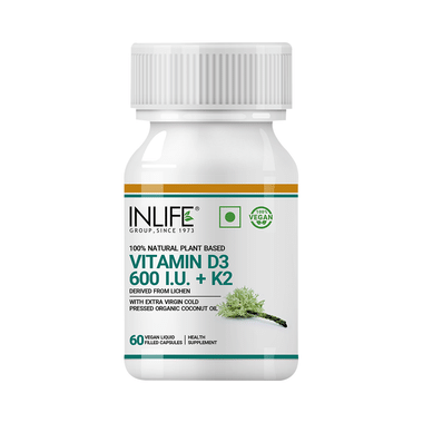 Inlife 100% Natural Plant Based Vitamin D3 600I.U. + K2 For Bones, Teeth & Immunity | Liquid Filled Capsule
