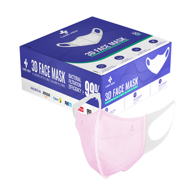 Care View 3 Dimensional Disposable Face Mask With 4 Layered Filtration And Soft Non-Woven Spandex Ear Loops Pink Box