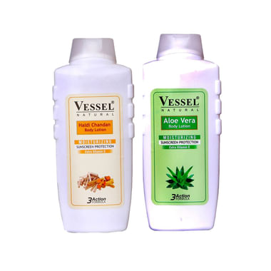 Vessel Combo Pack Of Natural Moisturizing Body Lotion With Sunscreen Protection Aloe Vera & Haldi Chandan (650ml Each)