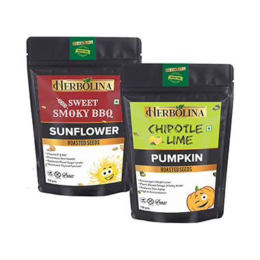 Herbolina Combo Pack Of Pumpkin & Sunflower Roasted Seeds (150gm Each) Chipotle Lime & Sweet Smoky BBQ