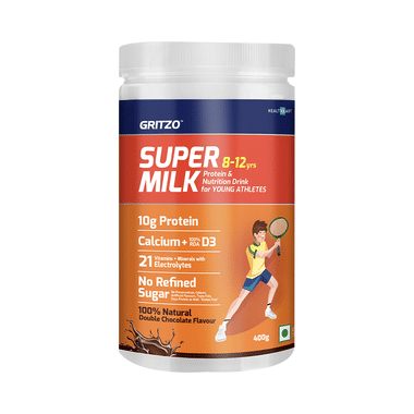 Gritzo SuperMilk For Active Kids, Protein Powder For Kids, High Protein (6 G), DHA, Calcium + D3, 21 Nutrients, No Refined Sugar, 100% Natural Double Chocolate Flavour 8-12 Years Double Chocolate