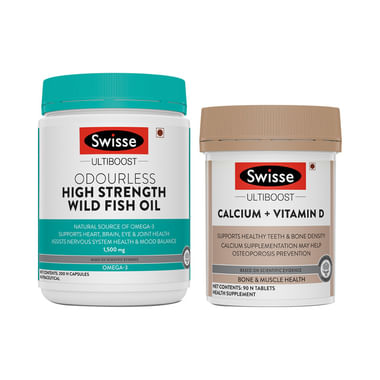 General Wellness Combo-Swisse Ultiboost Odourless High Strength Wild Fish Oil 1500mg 200 Capsule & Calcium+Vitamin D 90 Tablet