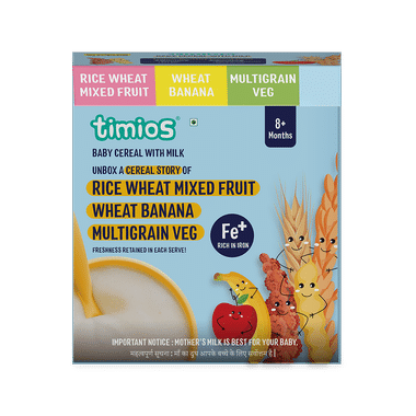 Timios Baby Cereal With Milk 8+ Months (25gm Each) 4 Rice Wheat Mixed Fruit, 4 Wheat Banana, 4 Multigrain Veg