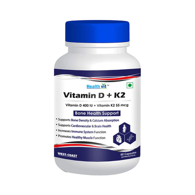 HealthVit Vitamin D (400 IU) & Vitamin K2 (55mcg) for Bone, Brain, Heart, Immunity & Muscle Health | Capsule