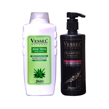 Vessel Combo Pack Of Aloe Vera Body Lotion 650ml And 3 Action Formula Shampoo With Conditioner 500ml