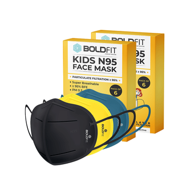 Boldfit Kids N95 Face Mask (6 Each) Black, Blue & Yellow