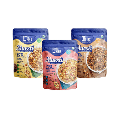 Fit & Flex Combo Pack Of Muesli Fruity Crunch, Nuts About Nuts & Choco Almond Cookie Delight (450gm Each)