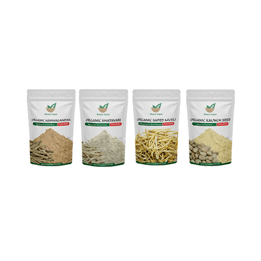 Mewar Impex Combo Pack Of Organic Safed Musli Powder, Organic Ashwagandha Powder, Organic Kaunch Seed Powder & Organic Shatavari Powder (100gm Each)