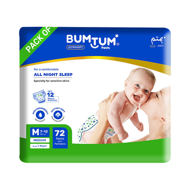 Bumtum Ultrasoft Baby Diaper Pants, Cottony Soft High Absorb Technology (72 Each) Medium