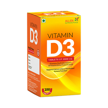 Allen Nutraceutical Vitamin D3 (Cholecalciferol) 1000 I.U for Bone Metabolism & Immunity | Tablet